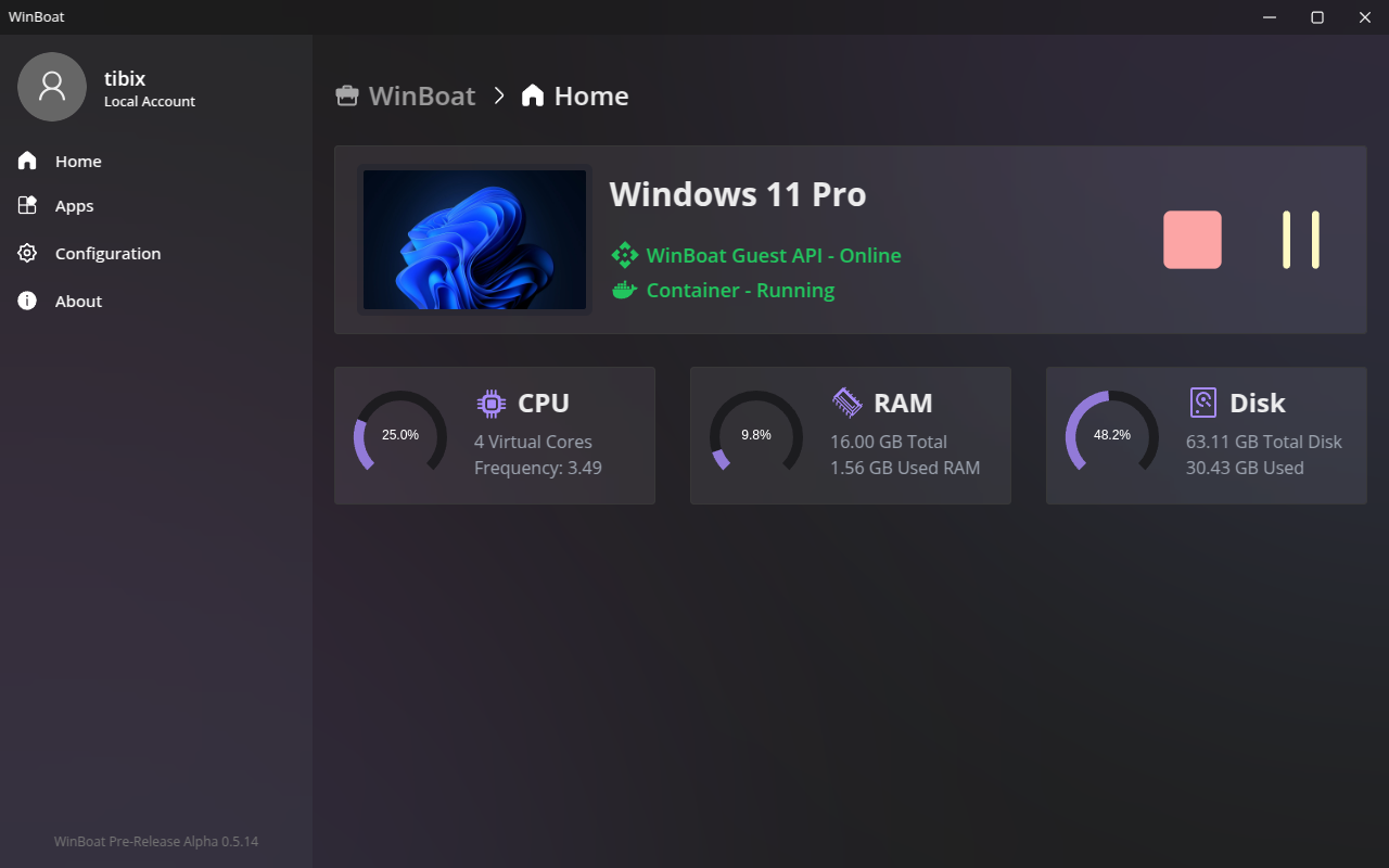 WinBoat v0.9.0 官方最新版(在Linux上无缝运行Windows应用的利器)插图 WinBoat Dashboard